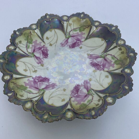Vintage Hand-Painted Floral Porcelain Plate Pink Roses Scalloped Edge Iridescent - Picture 5 of 13